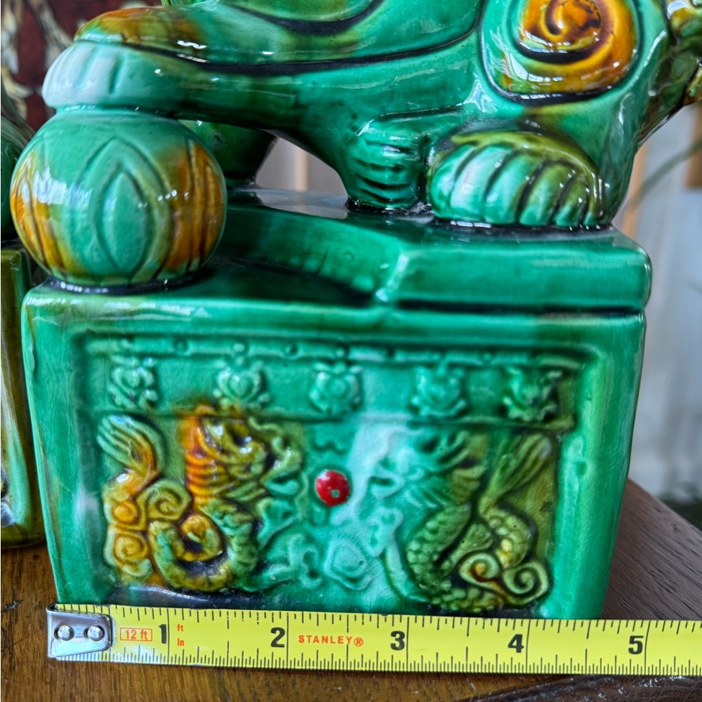 Green Ceramic Foo Dog Pair - Glazed Guardian Statues - Picture 12 of 15